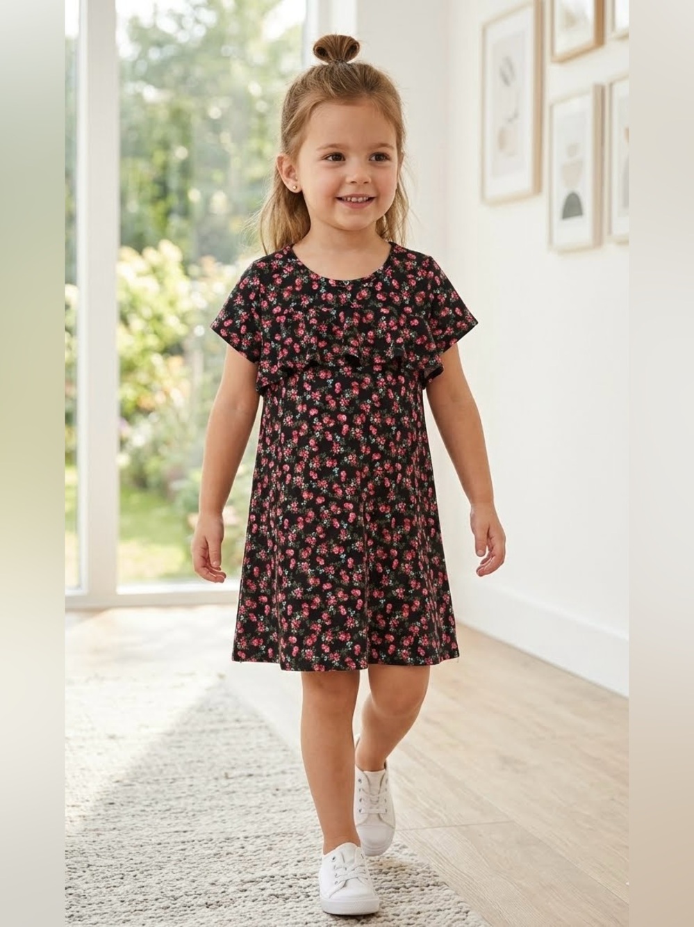 Pinc Premium Girls Floral Ruffle Dress Size 5/6 Black Pink Rose